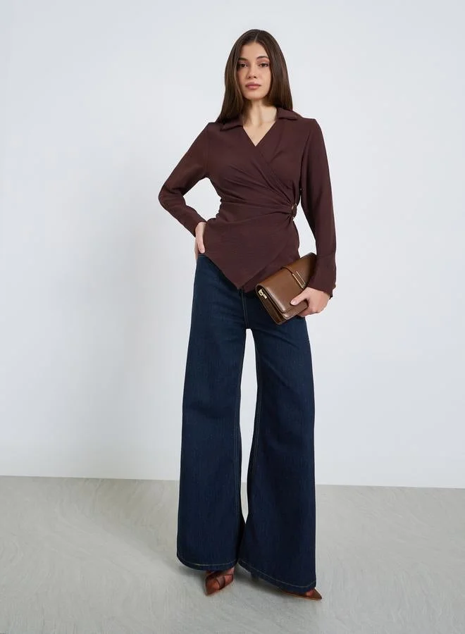 Styli Women Burgundy Wrap Top with Long Sleeves